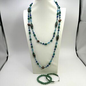 Boho Beaded Necklace 58 in Rope Teal Blue Glass Green Bracelet Jewelry Set